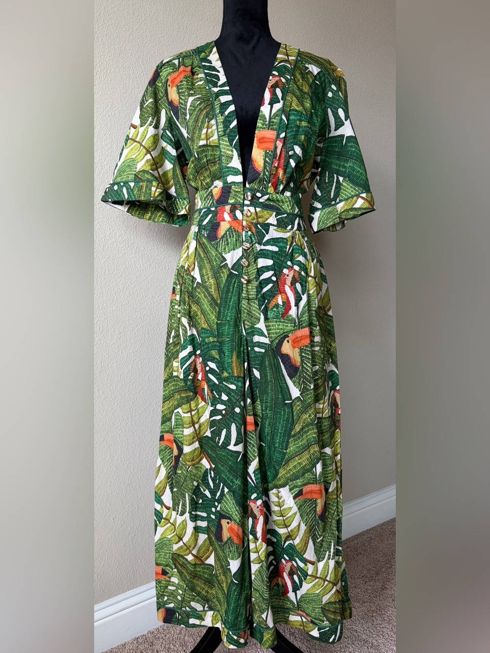 FARM Rio Tropical Leaf V-Neck Jumpsuit in Green and Orange